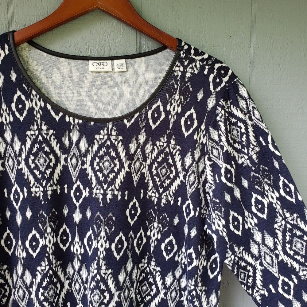 Cato Ikat Aztec 3/4 Sleeve Top Blue White Black 18